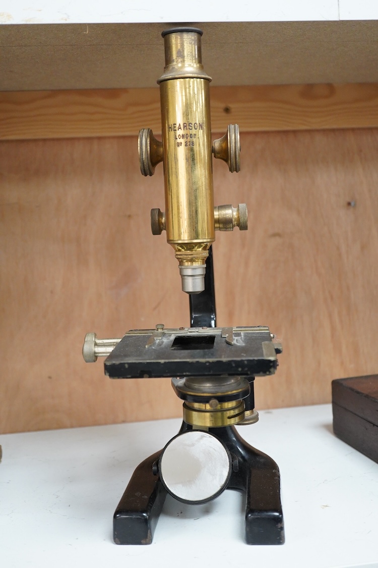 A late 19th century brass and cast iron microscope by Hearson, London, with engraved serial number; 278, approximate height 34cm